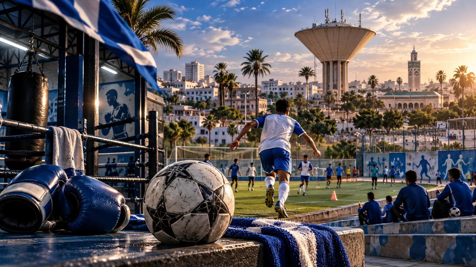 Editorial 3D sports visual inspired by Sidi Bernoussi football and boxing culture
